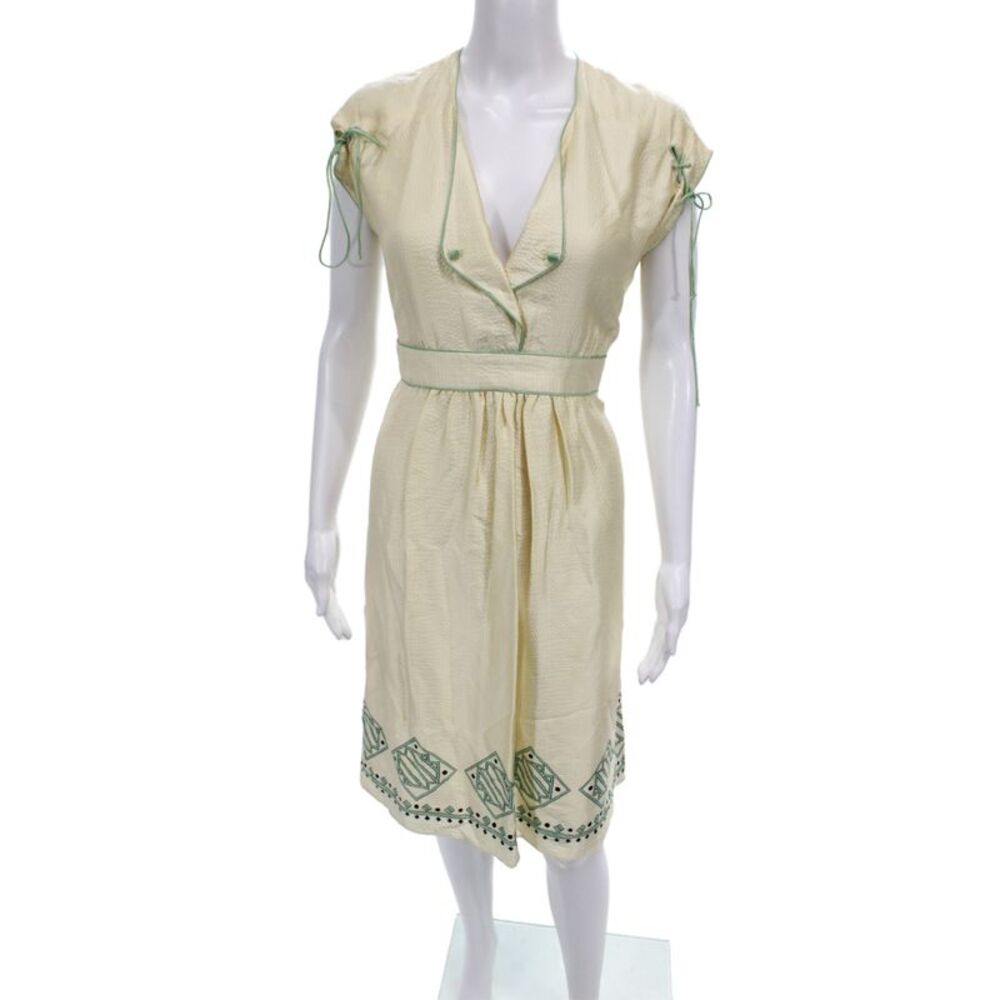 Lauren Moffatt Women Fit & Flare Silk V Neck Short Sleeve Ivory Dress Size 6